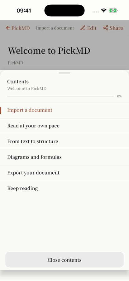 The chapter contents screen in PickMD